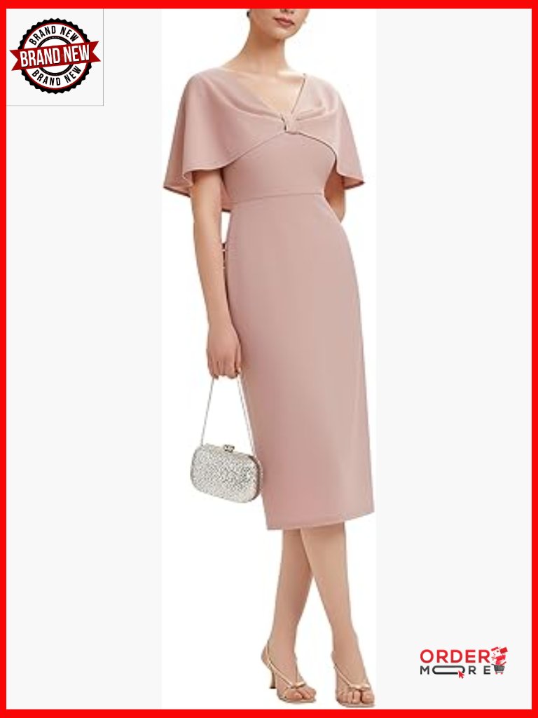 V-Neck Cape Sleeve Midi Cocktail Wedding Guest Dress A-Line Semi Formal